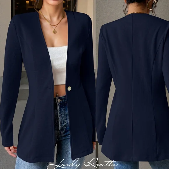Navy Blue Women's One Button Blazer - Picture 2 of 6